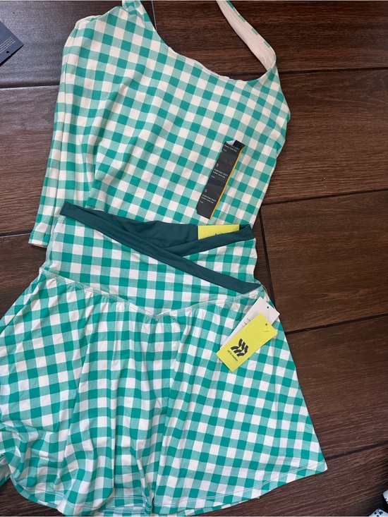 all in motion Dresses & Skirts - Woman Green Gingham One-Shoulder halter top small and XS skort ( set )